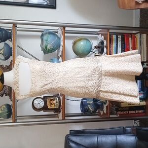Sandra Sage 50s pin up dress gold metallic and cream lace, Vavoom!